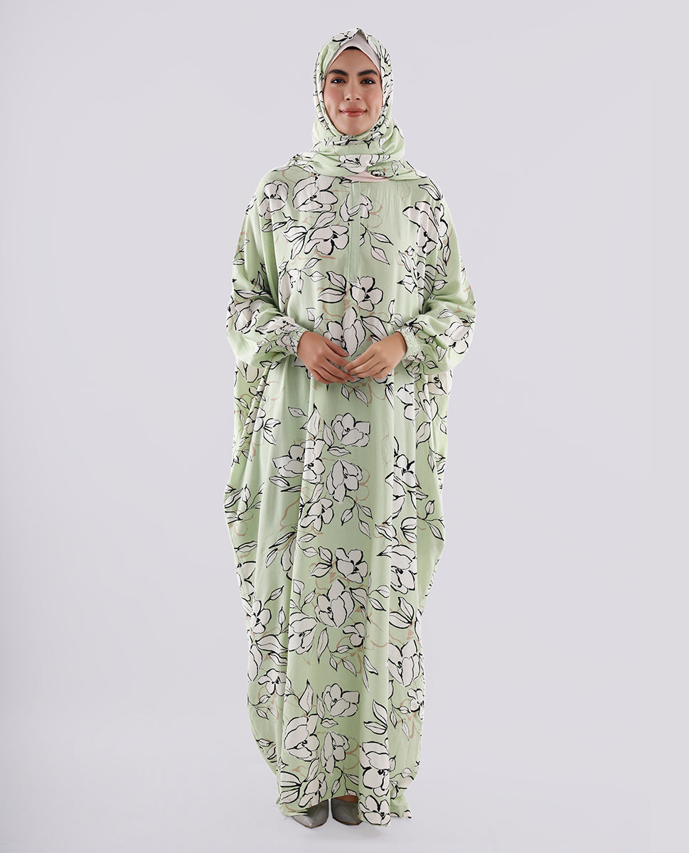 Multicolored Floral Printed Prayer Dress - Pista Green