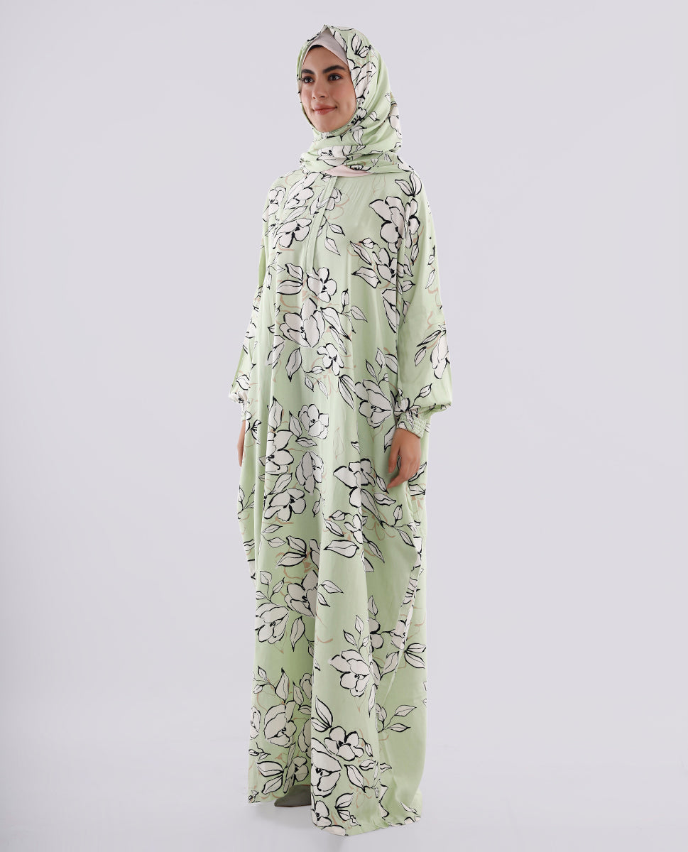 Multicolored Floral Printed Prayer Dress - Pista Green