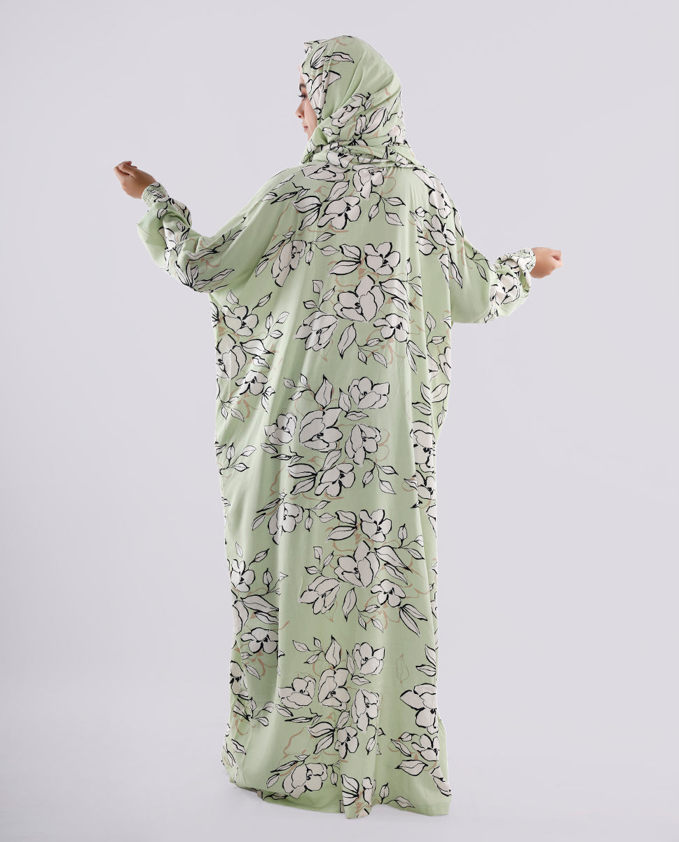 Multicolored Floral Printed Prayer Dress - Pista Green