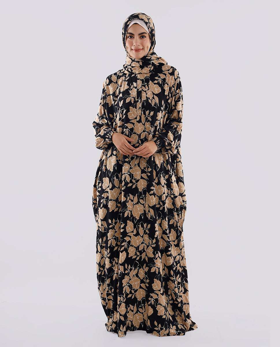 Multicolored Floral Printed Prayer Dress - Black and Beige