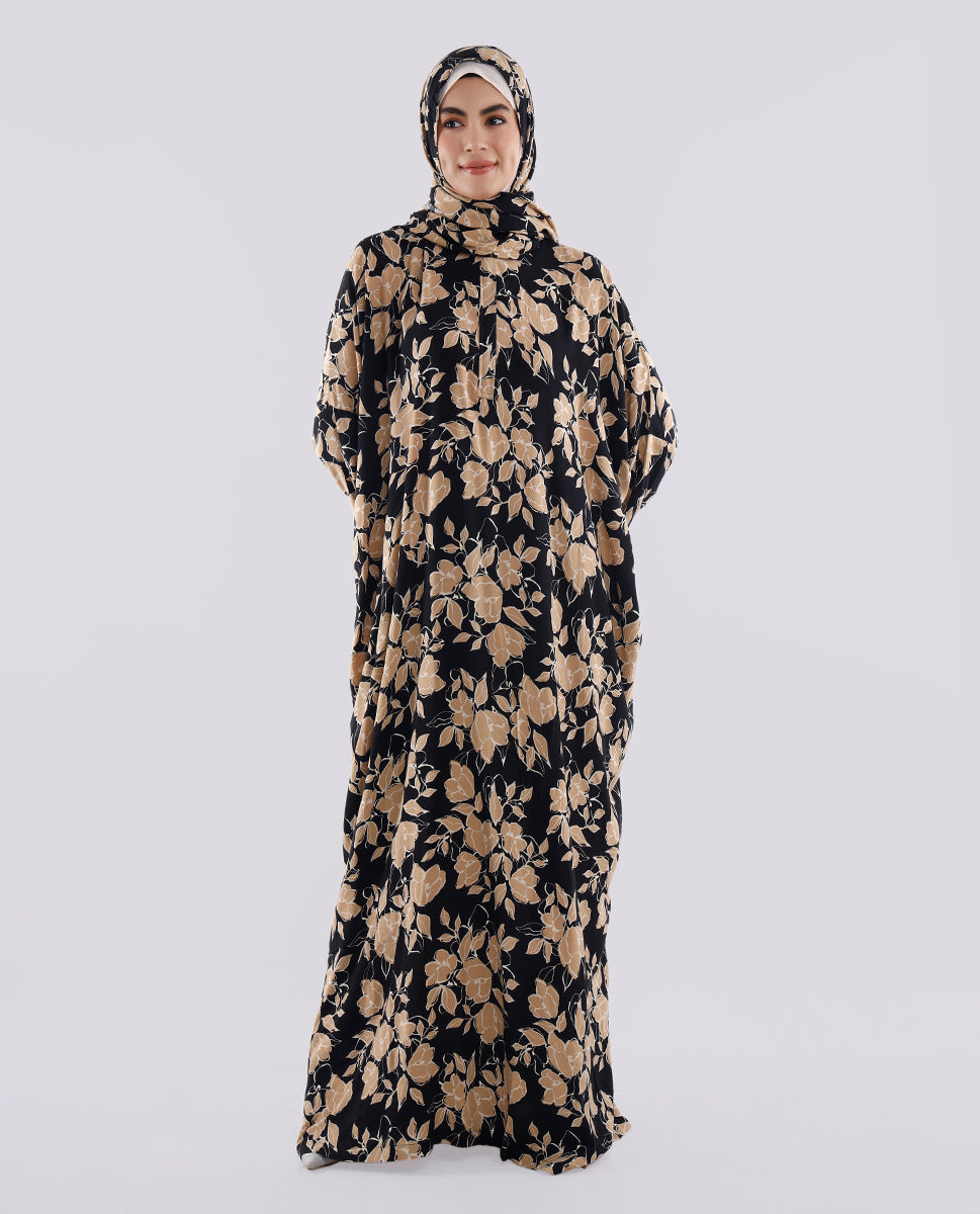 Multicolored Floral Printed Prayer Dress - Black and Beige