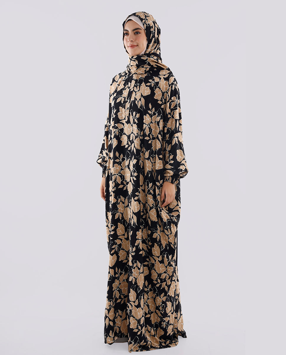 Multicolored Floral Printed Prayer Dress - Black and Beige