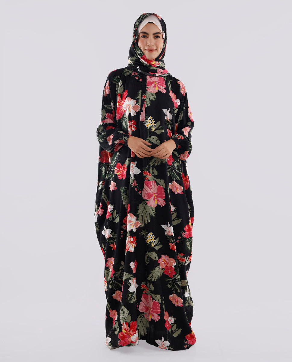 Multicolored Floral Printed Prayer Dress - Black and Red
