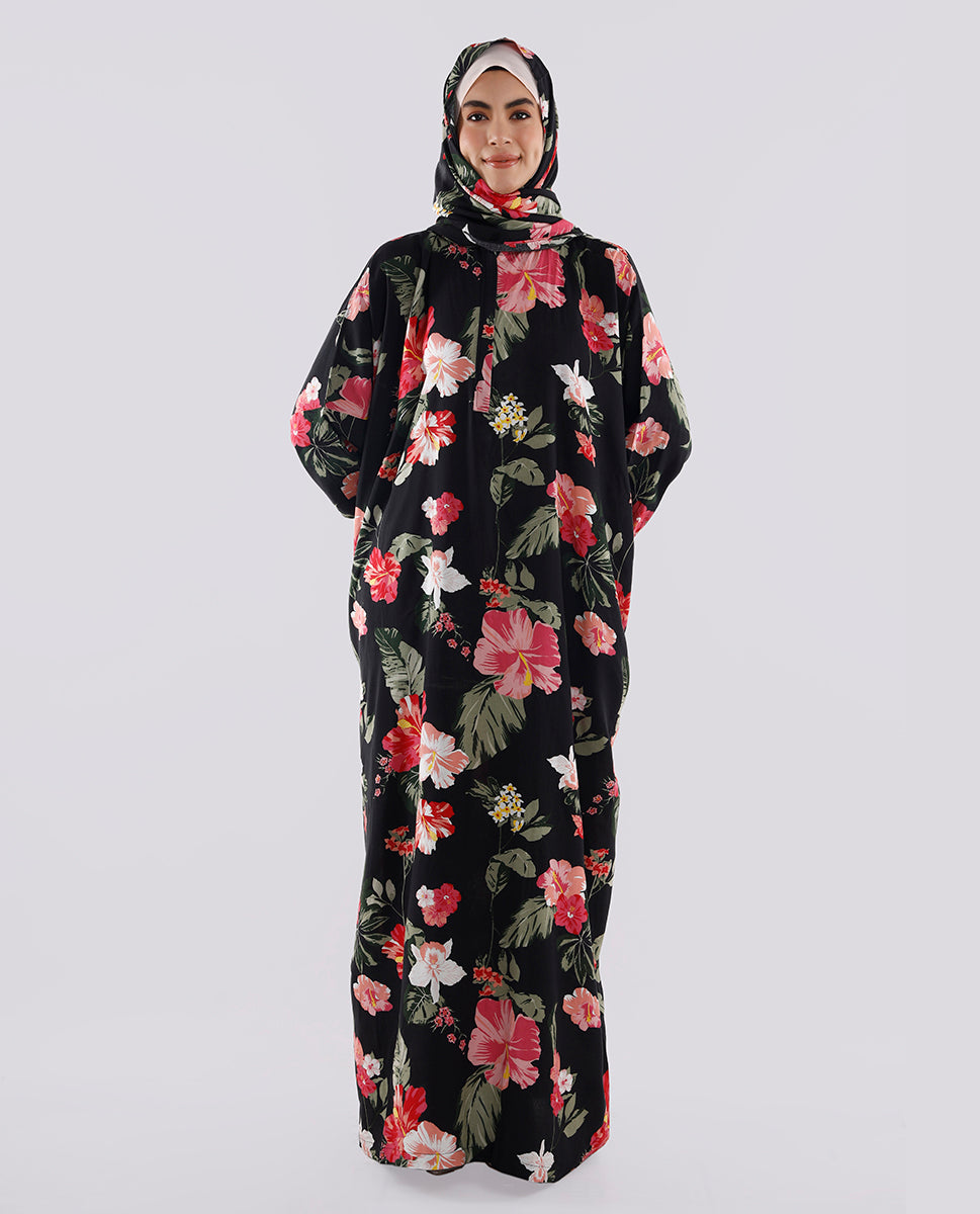Multicolored Floral Printed Prayer Dress - Black and Red