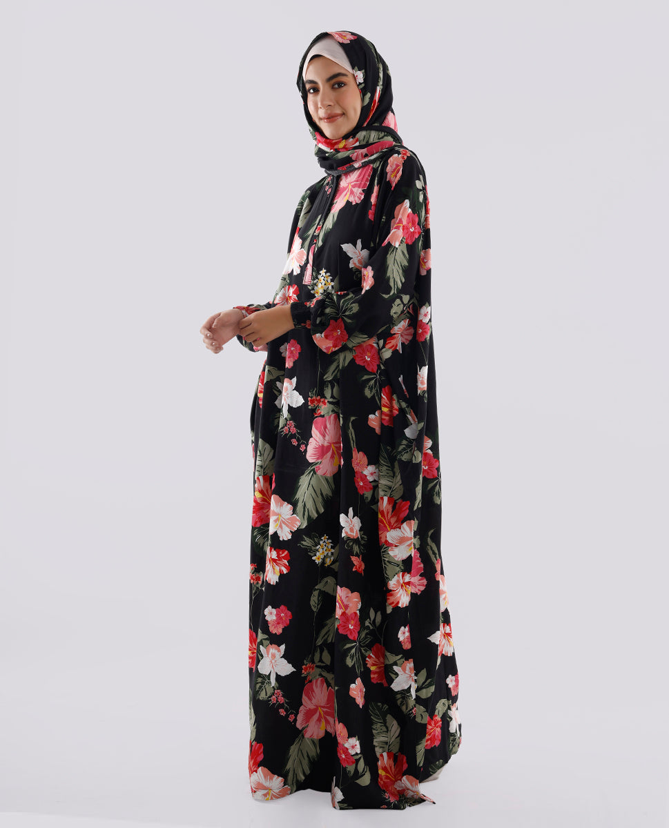 Multicolored Floral Printed Prayer Dress - Black and Red