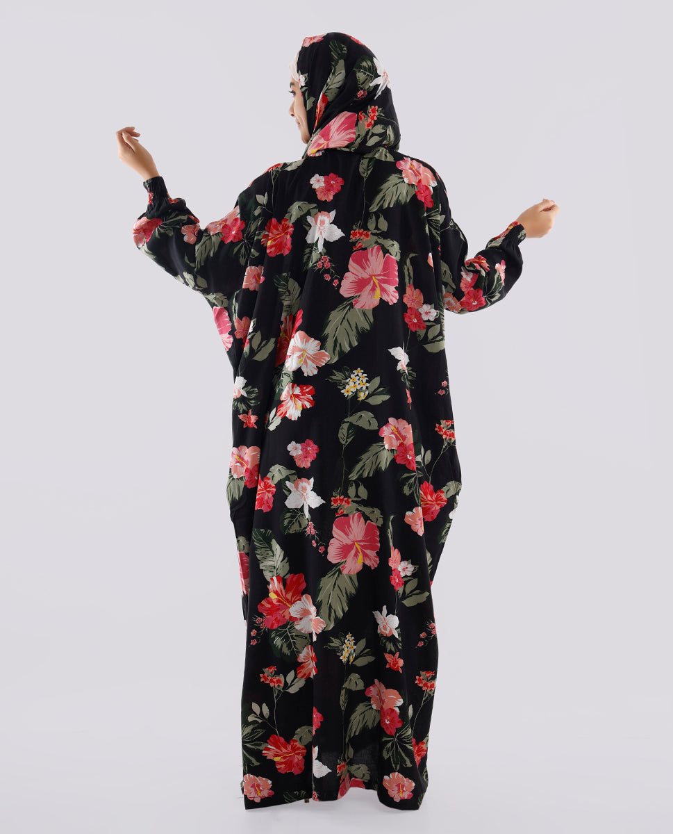 Multicolored Floral Printed Prayer Dress - Black and Red