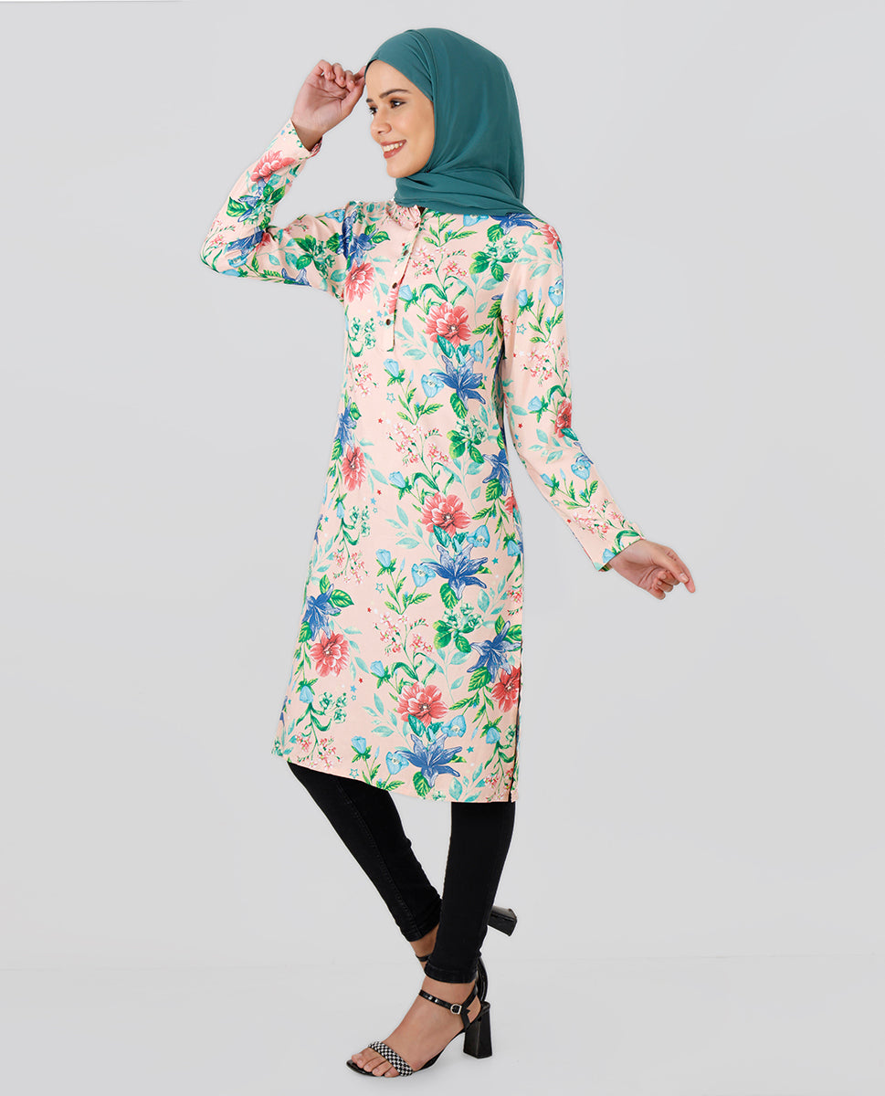 Round Neck Floral Printed Top - Multicolored