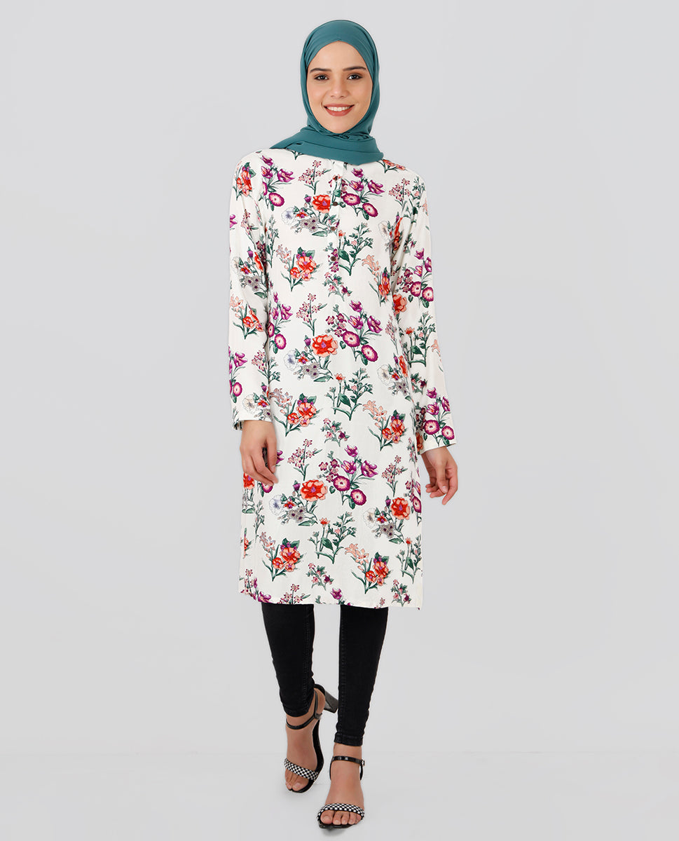 Round Neck Floral Printed Top - White