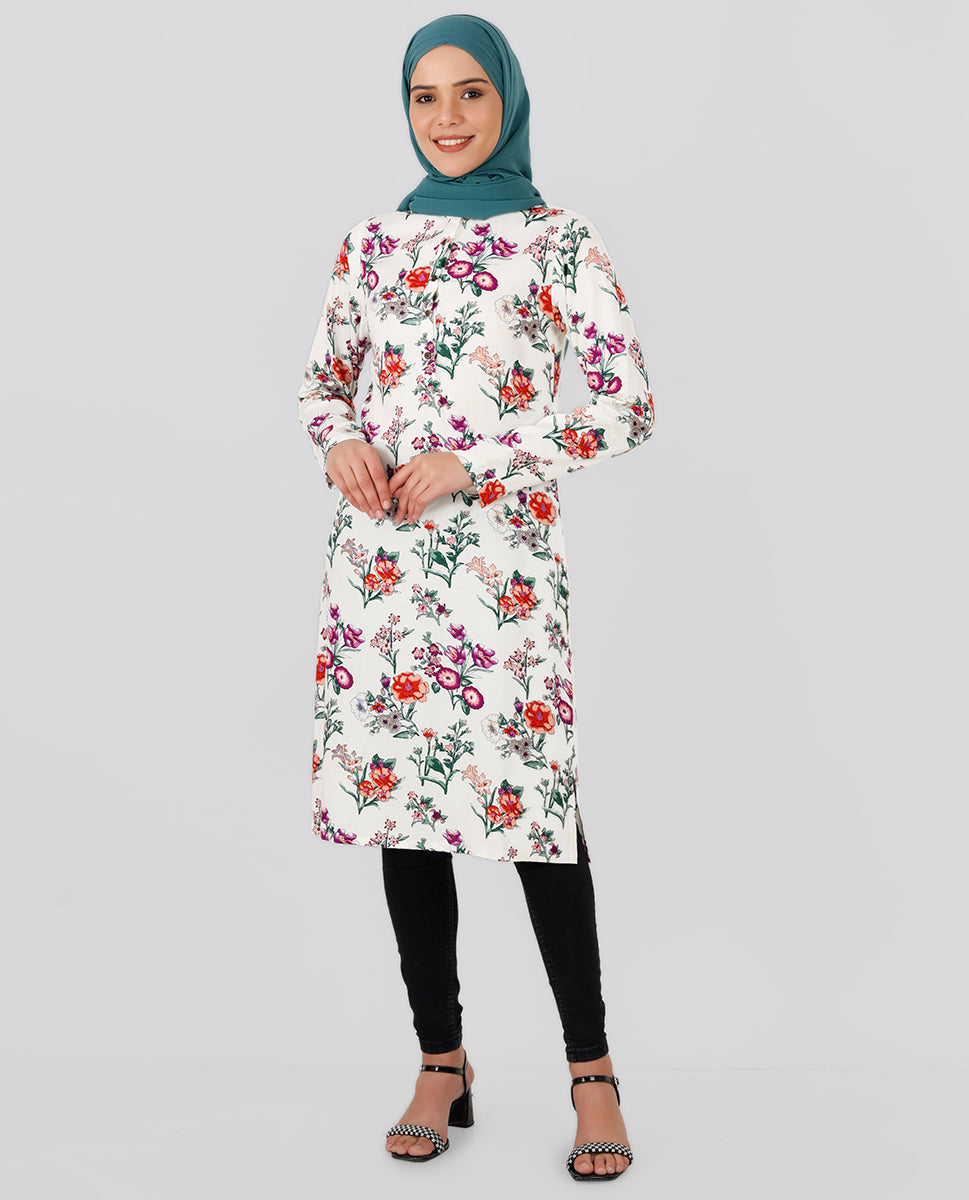 Round Neck Floral Printed Top - White