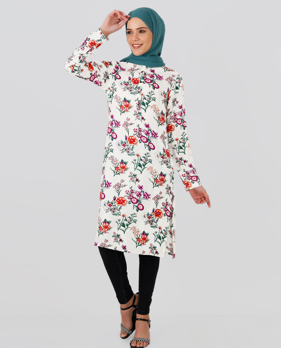 Round Neck Floral Printed Top - White