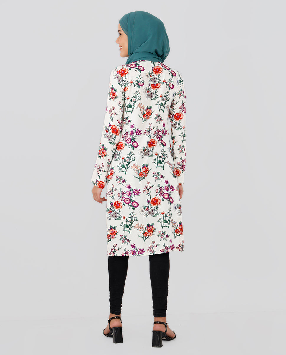 Round Neck Floral Printed Top - White