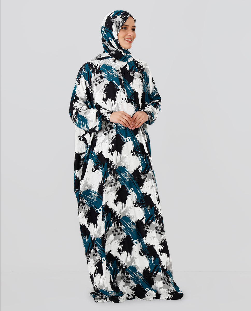Multicolored Floral Printed Prayer Dress - Black