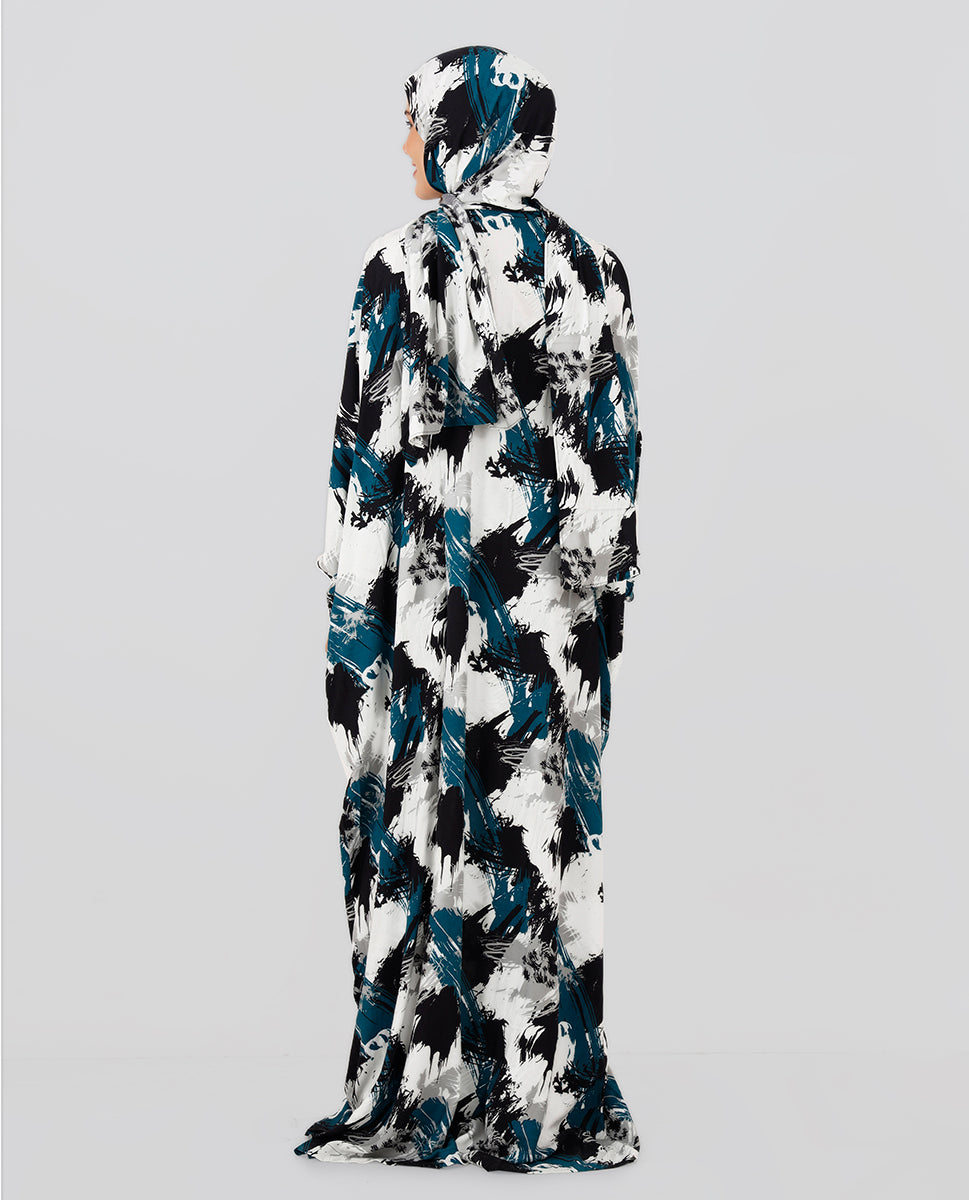 Multicolored Floral Printed Prayer Dress - Black