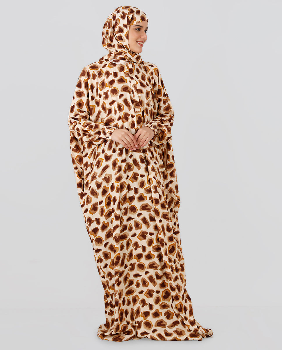 Multicolored Floral Printed Prayer Dress - Brown