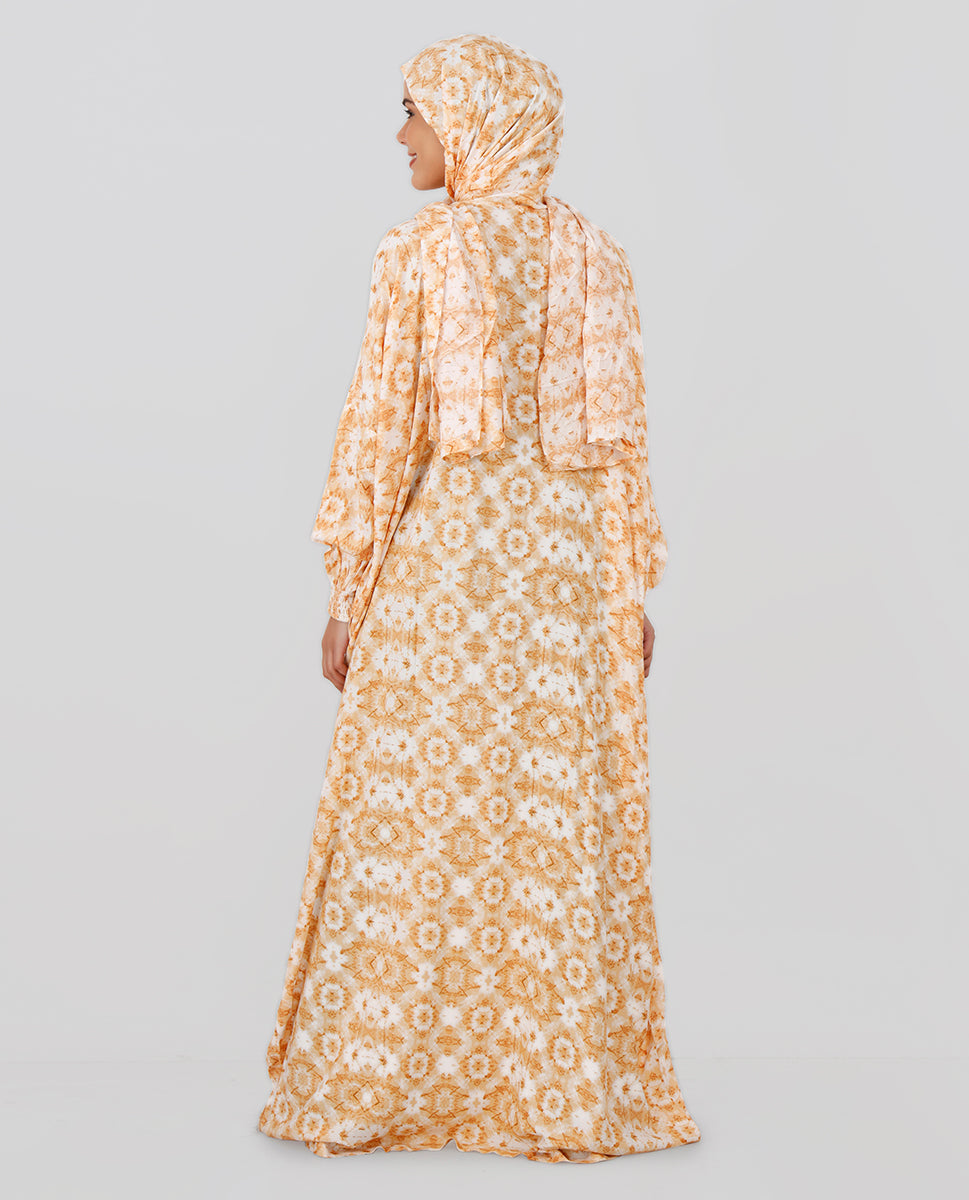 Floral Printed Prayer Dress - Beige