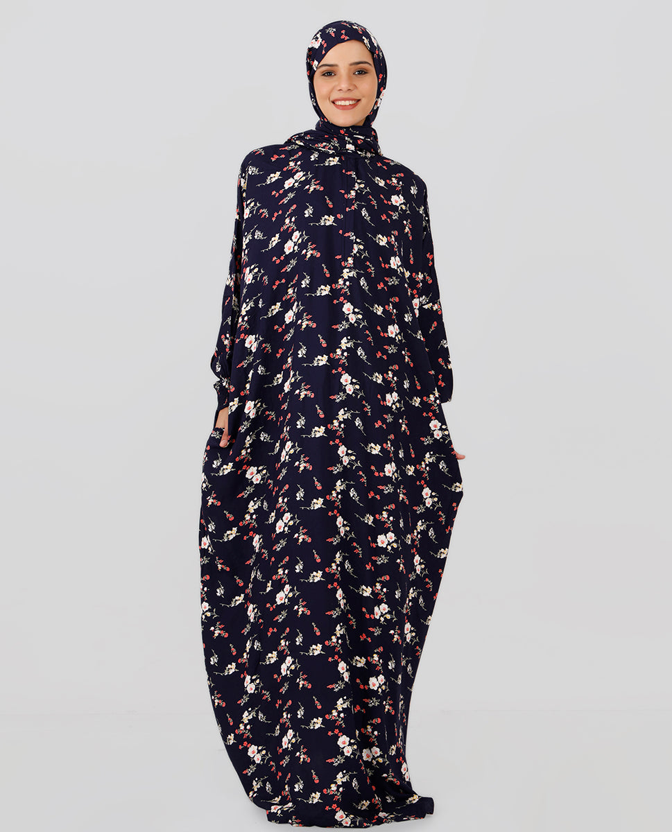Multicolored Floral Printed Prayer Dress - Black