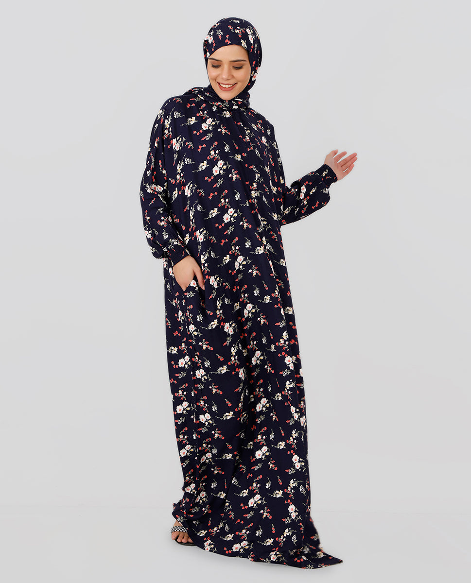 Multicolored Floral Printed Prayer Dress - Black