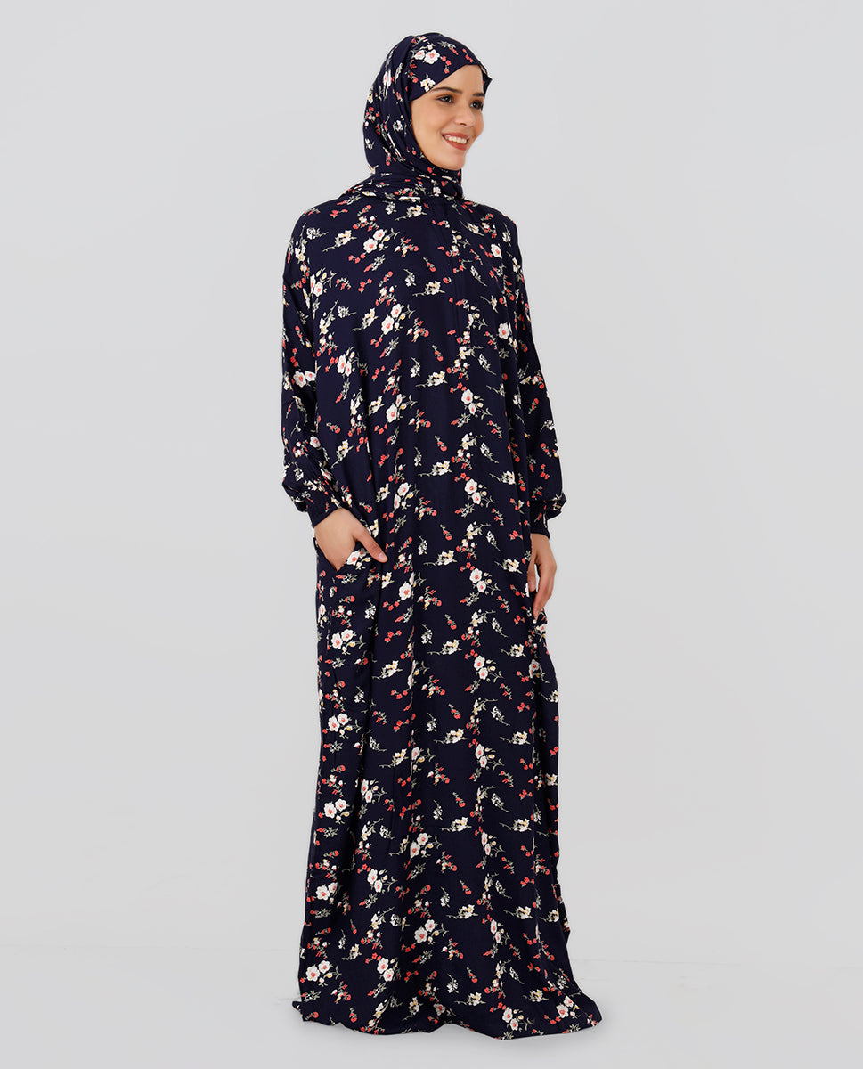 Multicolored Floral Printed Prayer Dress - Black