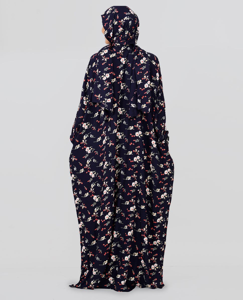 Multicolored Floral Printed Prayer Dress - Black