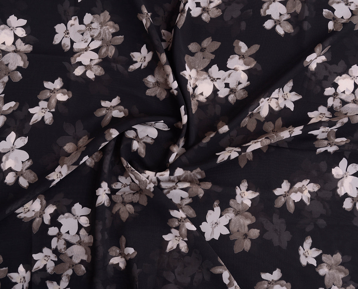 Jet Black Floral Georgette Scarf