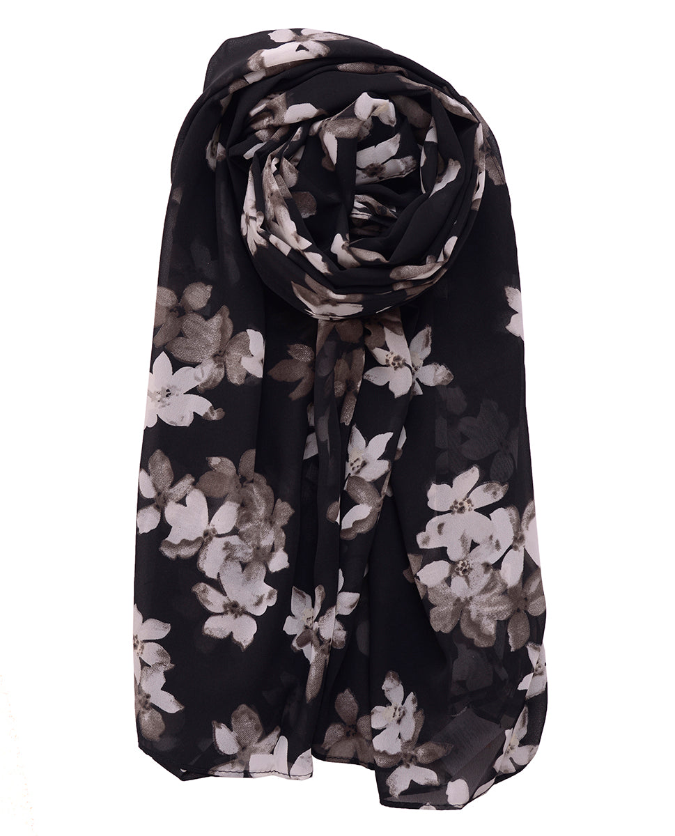 Jet Black Floral Georgette Scarf