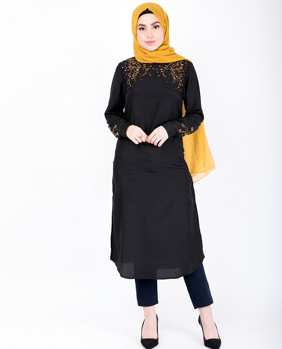 Black With Gold Beads Midi Dress