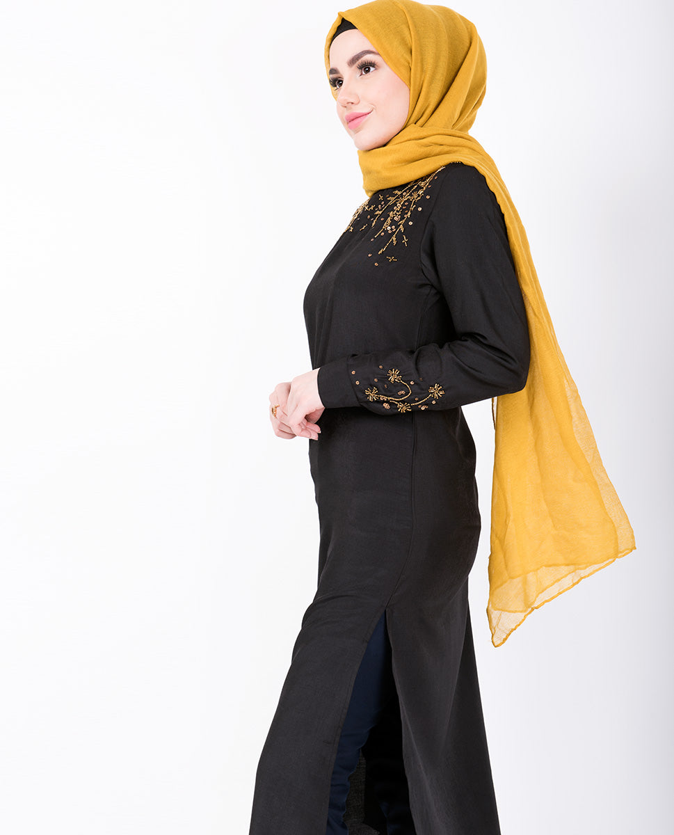 Black With Gold Beads Midi Dress
