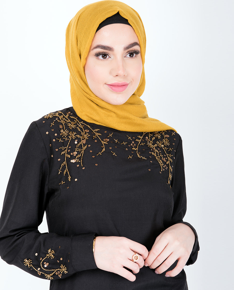 Black With Gold Beads Midi Dress