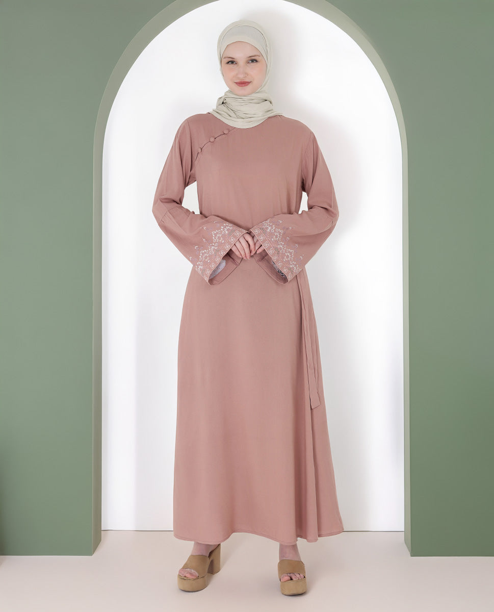 Mod Peach Embroidered Bell Sleeve Abaya